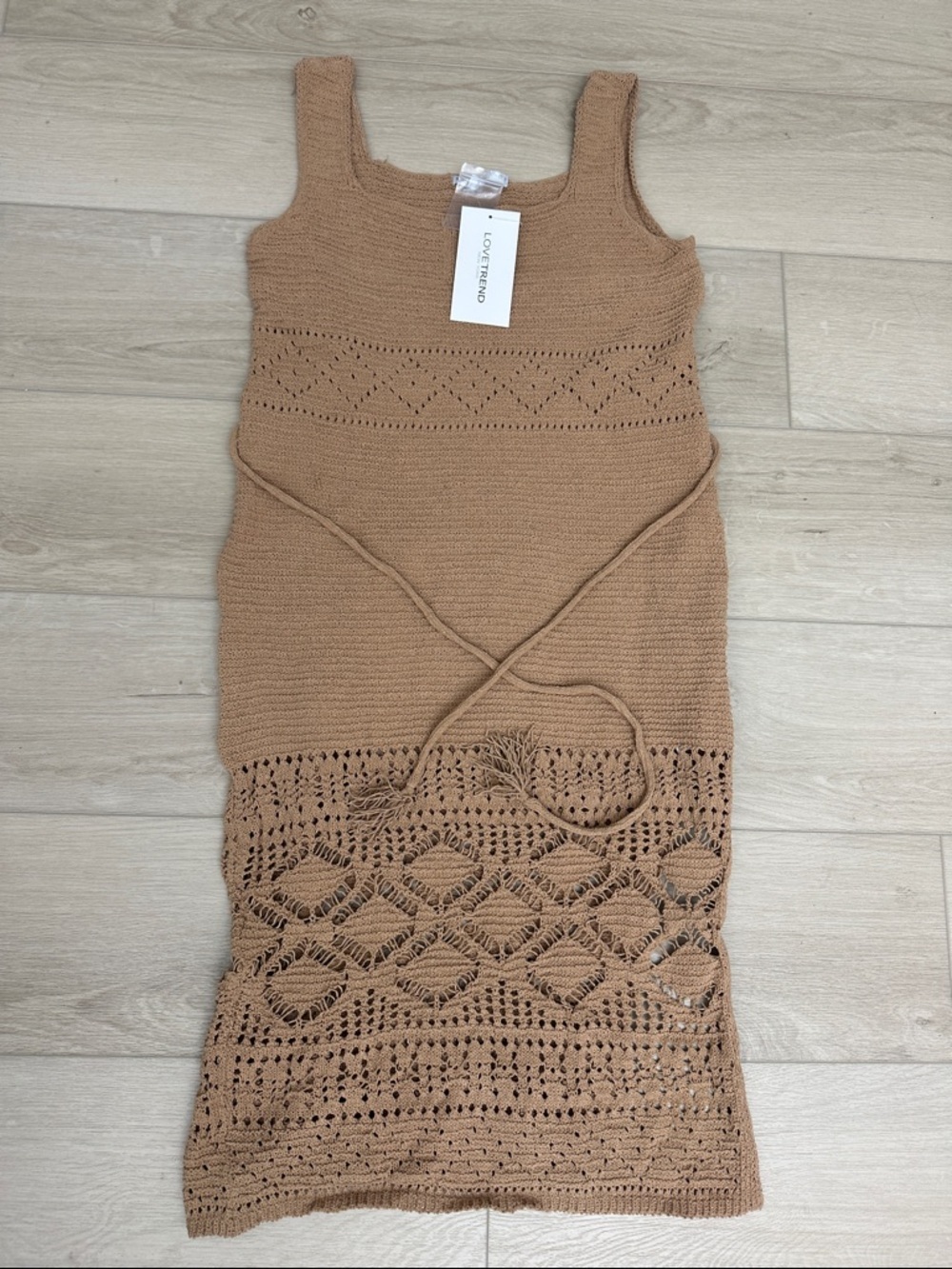 Lovetrend Tan Crochet Knit Midi Dress | Sleeveless Boho Cover-Up Style | NWT